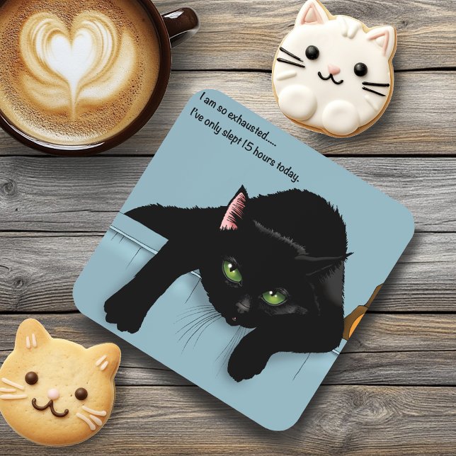 Black Cat Tired Blue Funny Coaster (Creator Uploaded)