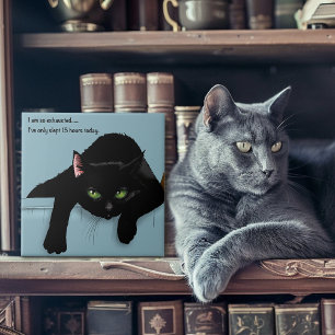 Black Cat Tired Blue Funny Tile