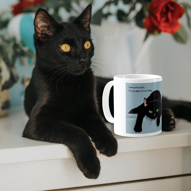 Black Cat Tired Blue Sarcastic Funny Coffee Mug (Creator Uploaded)