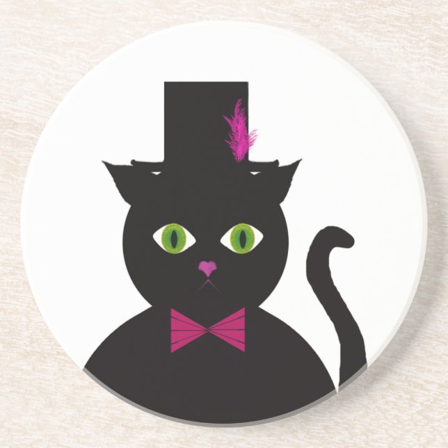 Black Cat Top Hat Pink Bow Coaster (Front)