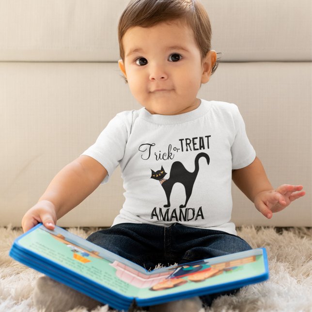 Black Cat Trick or Treat Halloween Baby T-Shirt (Trick or Treat black cat custom baby T Shirt. )