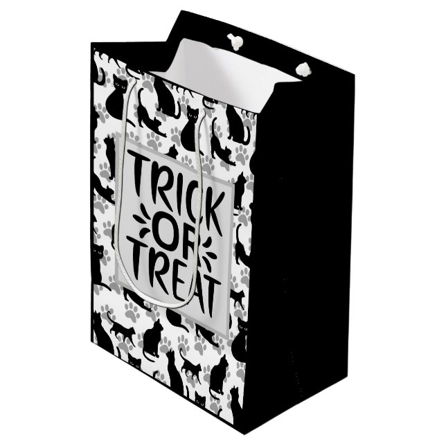 Black Cat Trick or Treat - Halloween Medium Gift Bag (Front Angled)