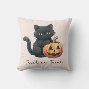 Black Cat Trick or Treat Light Orange Halloween Cushion