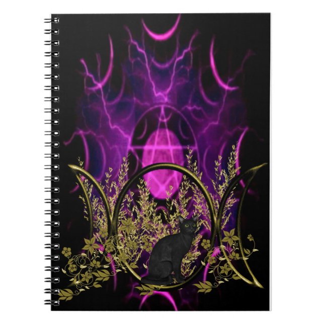 Black Cat Triple Moon Symbol Spiral Notebook (Front)