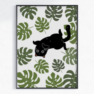 Black Cat Tropical Leaves Plant Lover Poster