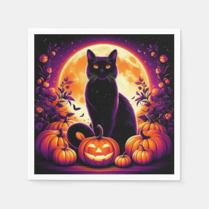 Black Cat Under Full Moon Halloween paper napkin