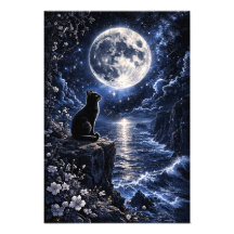 Black Cat Under Full Moon Ocean Night Fantasy Wall