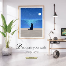 Black cat under full moon starry night