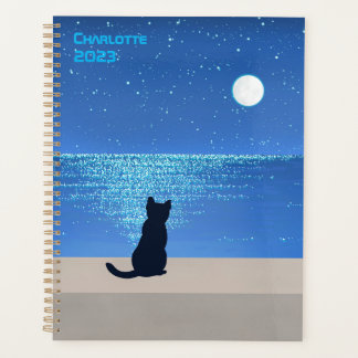Black cat under full moon starry night planner