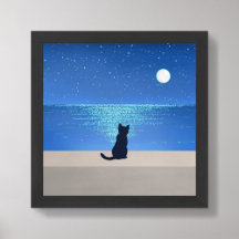 Black cat under full moon starry night 