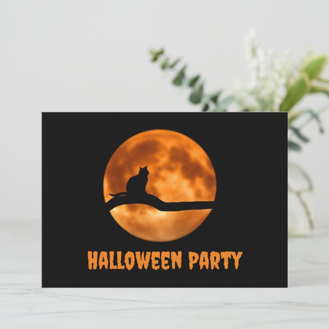 Black Cat Under Orange Moon  Halloween Invitation (Standing Front)