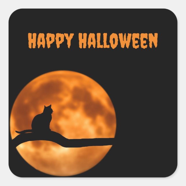 Black Cat Under Orange Moon Sticker (Front)