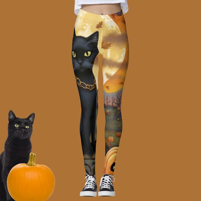 Black Cat Underneath a Harvest Moon and Pumpkins Leggings (Black cat and harvest moon Halloween leggings for your costume and trick or treating! )