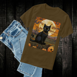 Black Cat Underneath a Harvest Moon and Pumpkins T-Shirt