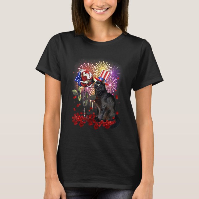 Black Cat Usa Flag Firework Patriotic Kitten Ameri T-Shirt (Front)