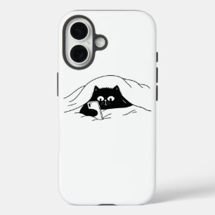 Black Cat Using Smartphone In Bed At Night iPhone 16 Case