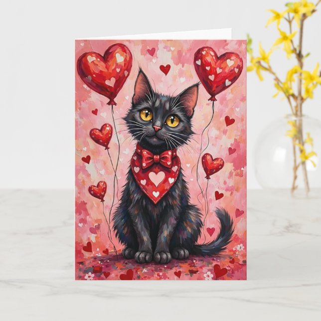 Black Cat Valentine Sitting with Hearts Red Card (Yellow Flower)