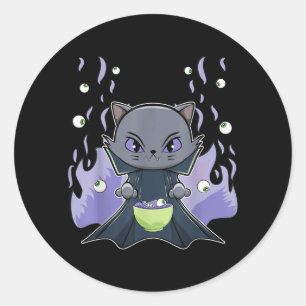 Black Cat Vampire Dracula And Ramen For Halloween Classic Round Sticker