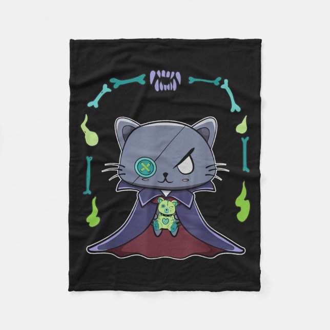 Black Cat Vampire Dracula And Teddy Bear For Fleece Blanket (Front)