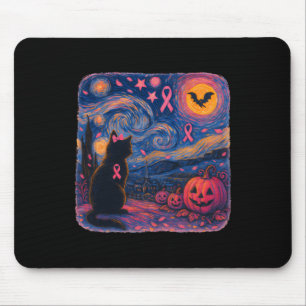 Black Cat Van Gogh Halloween Breast Cancer Awarene Mouse Pad