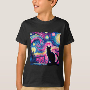 Black Cat Van Gogh Starry Night Art Hearts Valenti T-Shirt