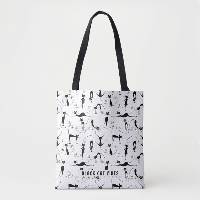 Black Cat Vibes Custom Name Tote Bag (Front)