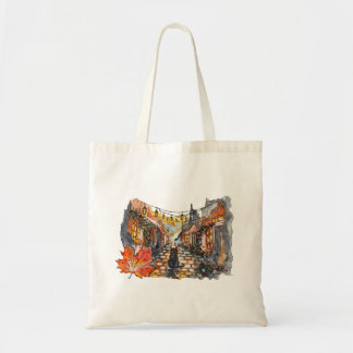Black Cat Village Road Halloween Watercolor Tote Bag