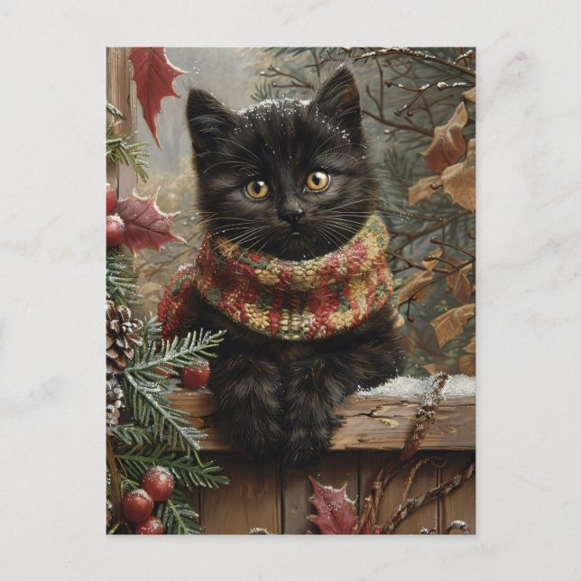 Black Cat Vintage Christmas Postcard (Front)