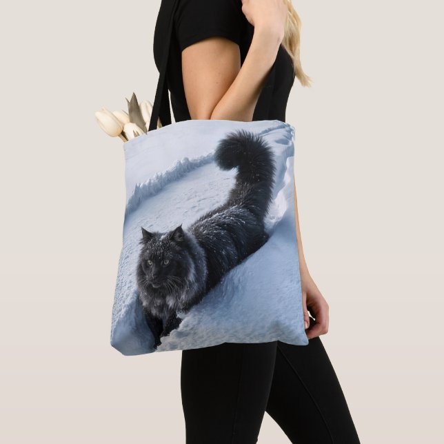 Black Cat Walking In Deep Snow Tote Bag (Close Up)