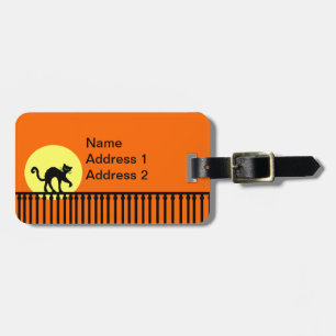 Black Cat Walking on Fence Yellow Moon Orange Luggage Tag