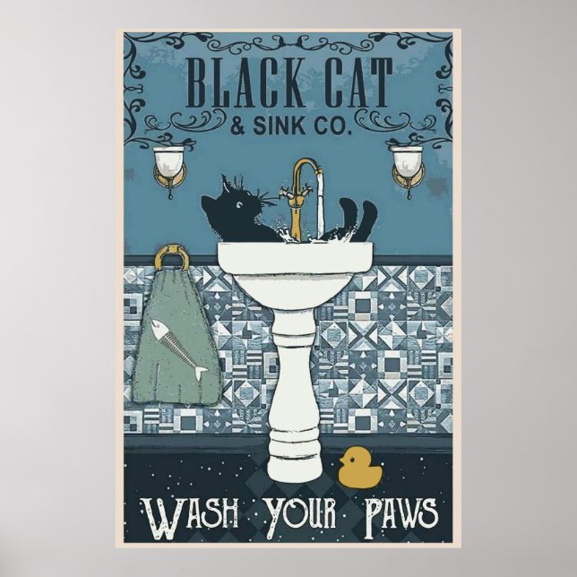 Black Cat Wash Your Paws Poster (Front)