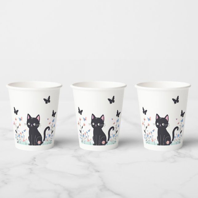 Black Cat Watching Butterflies Paper Cups (Multi)