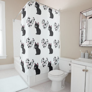Black Cat Watching Butterflies Shower Curtain