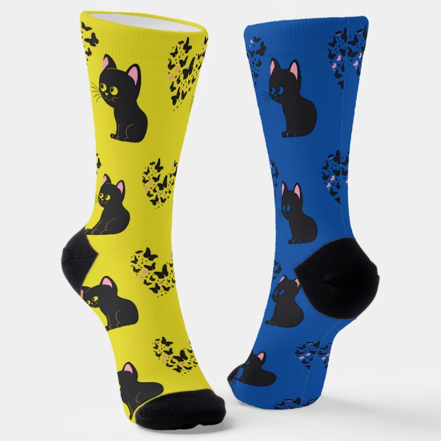 Black Cat Watching Butterflies Socks (Angled)