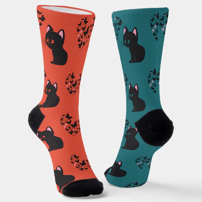 Black Cat Watching Butterflies Socks (Angled)