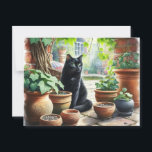 Black Cat Watching Catnip Grow Cute  Postcard<br><div class="desc">A digital watercolor image was used to create this black cat sitting in the garden.  There are clay pots with flowers and others are growing catnip from seed. The cat is very watchful of his precious catnip.  (Ai art created by Susang6)</div>