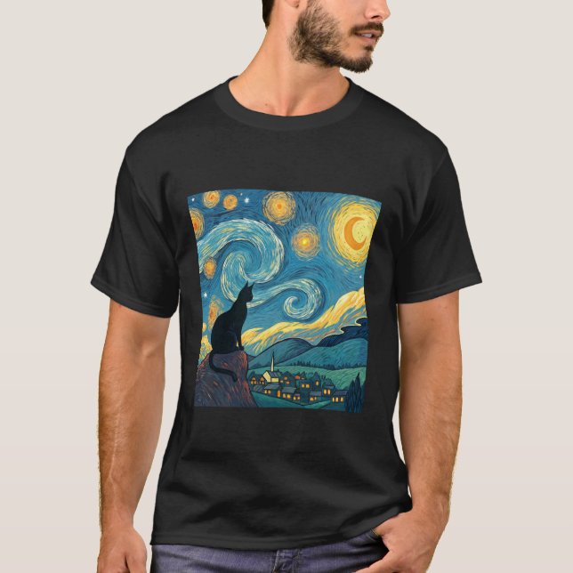 Black Cat Watching Starry Night Sky Artwork T-Shirt (Front)