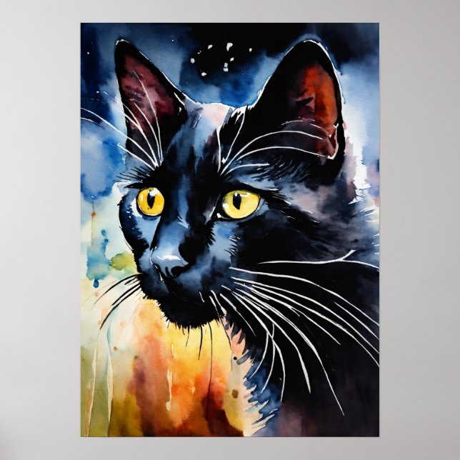 Black Cat Watercolor Wall Poster (Front)