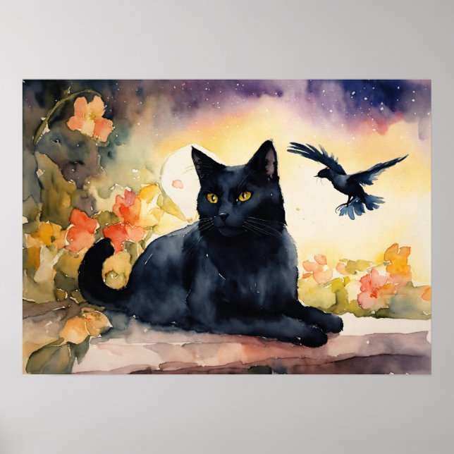 Black Cat Watercolor Wall Poster (Front)
