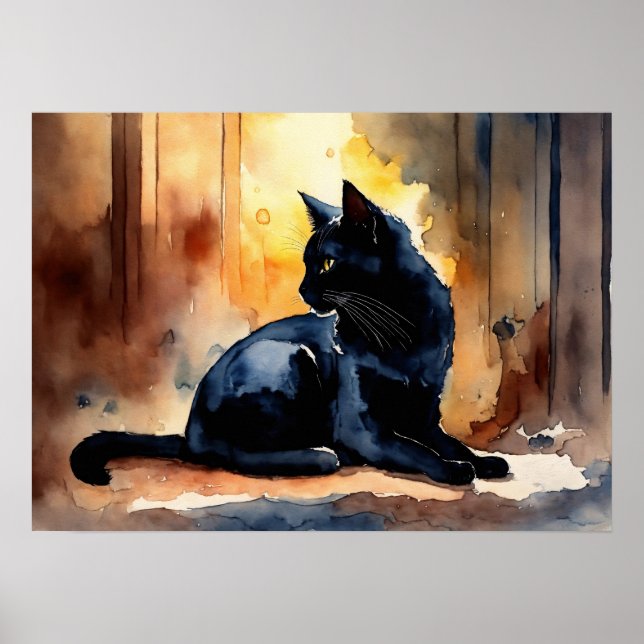 Black Cat Watercolor Wall Poster (Front)