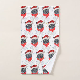 Black Cat Watercolor with Christmas Scarf Hand Towel