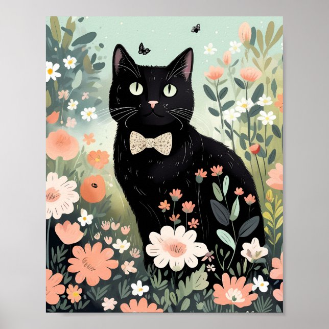 Black cat wearing a bow tie sitting poster (Front)
