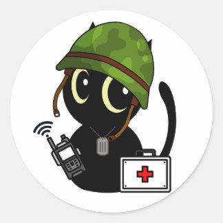Black Cat Wearing army helmet Classic Round Sticker