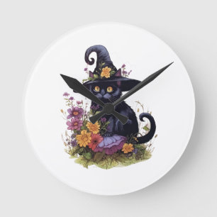 black cat wearing cowboy hat with flowers round clock