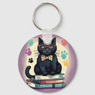 Black cat wearing glasses and a bow tie key ring