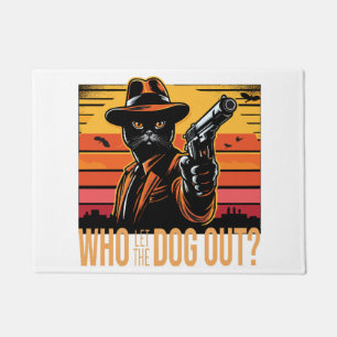 Black cat wearing orange suit who let the dogs out doormat