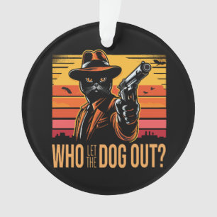 Black cat wearing orange suit who let the dogs out ornament