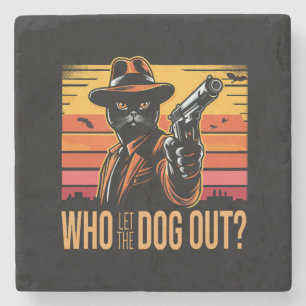 Black cat wearing orange suit who let the dogs out stone coaster