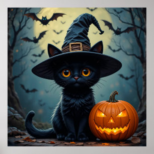 Black Cat Wearing Witch Hat Halloween Poster