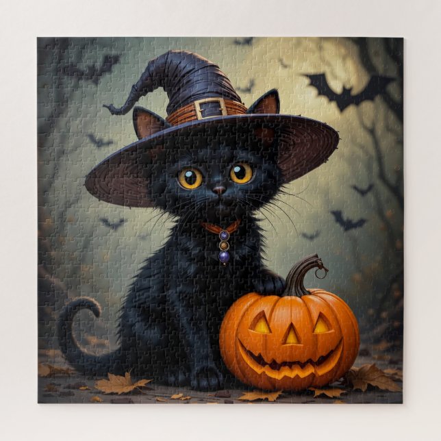 Black Cat Wearing Witch Hat Jigsaw Puzzle (Vertical)